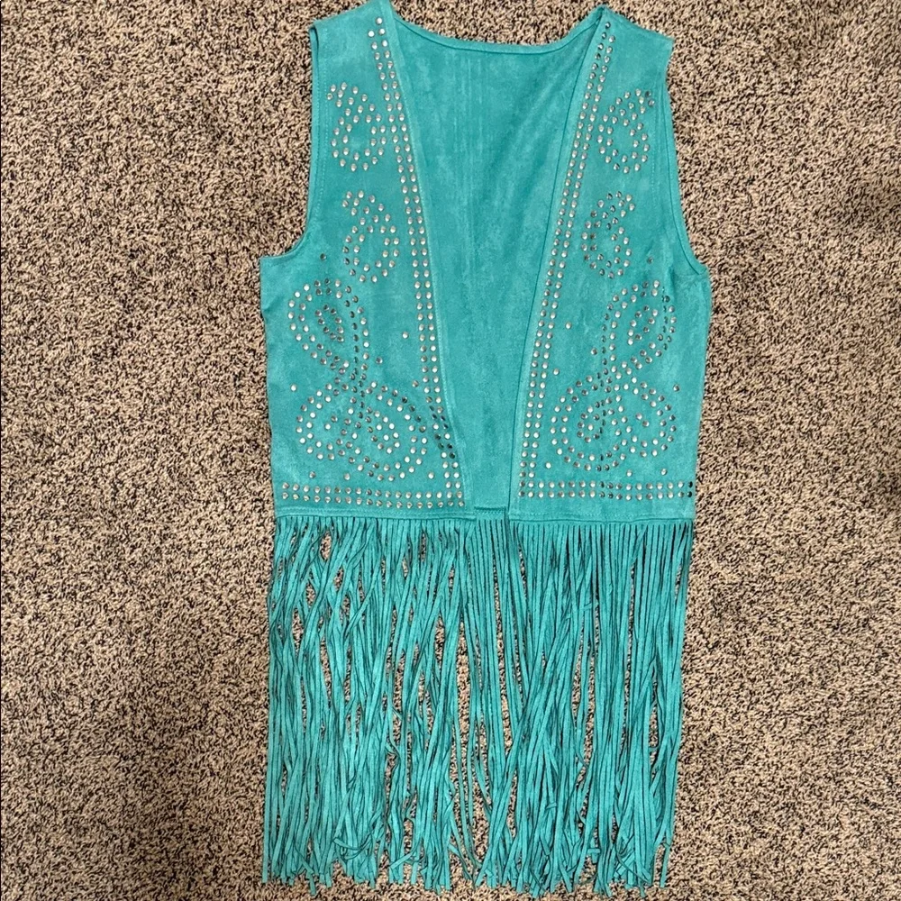 Teal Fringe Vest with Studded Design - Picture 1 of 6